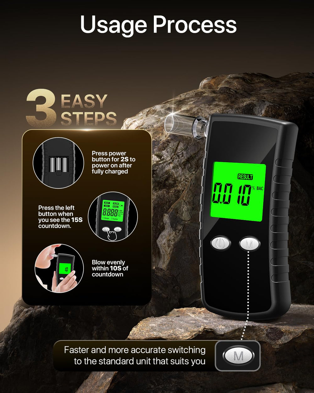 BACZGIF Breathalyzer six-standards switch supports international measurement options.