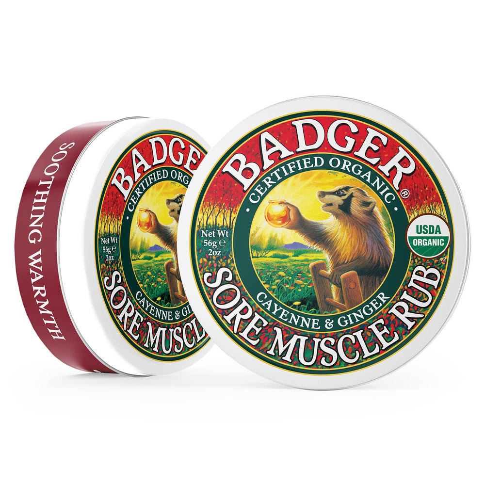Badger Sore Muscle Rub base with organic olive and castor oils for skin conditioning
