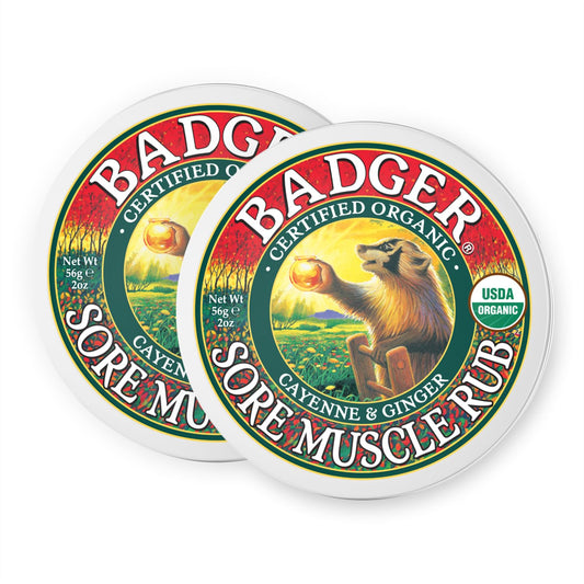 Badger Sore Muscle Rub tin front view, organic formula for post-workout relaxation