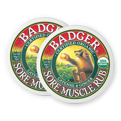 Badger Sore Muscle Rub tin front view, organic formula for post-workout relaxation