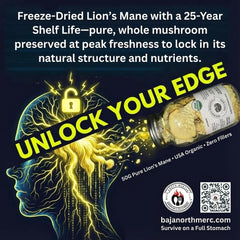 Baja North Mercantile USA-grown organic lions mane, proudly produced in the United States.
