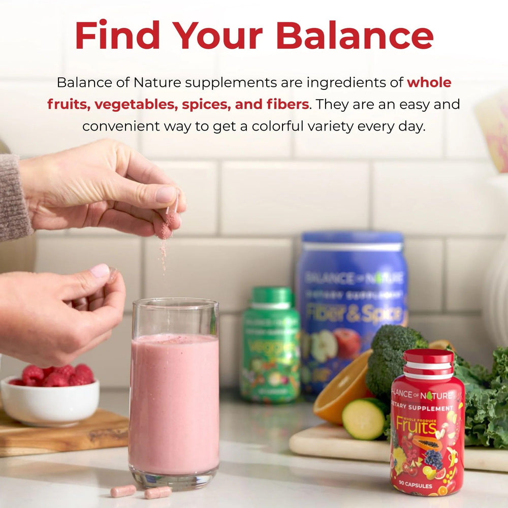 Balance of Nature bundle offer image presents Fruits with Veggies and Fiber & Spice.