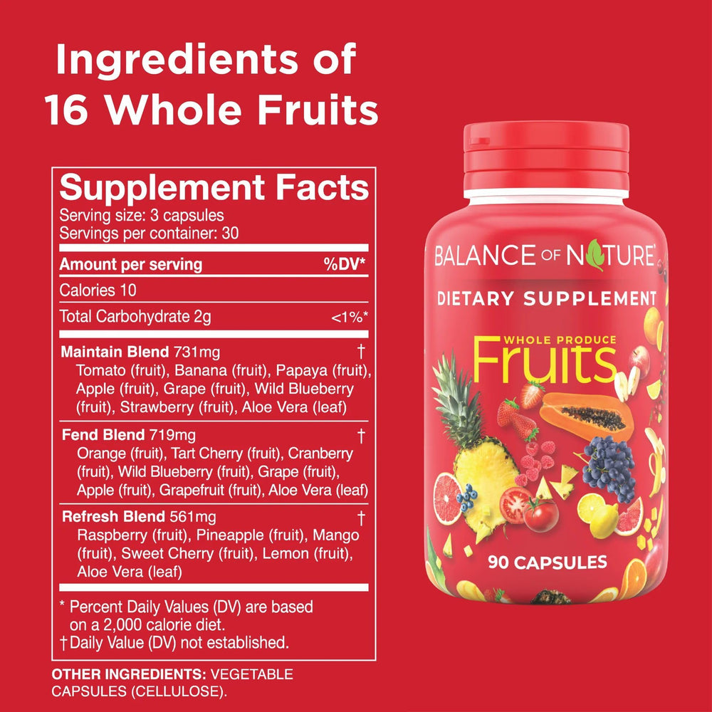 Balance of Nature fruits ingredients blend highlights natural fruit sources.