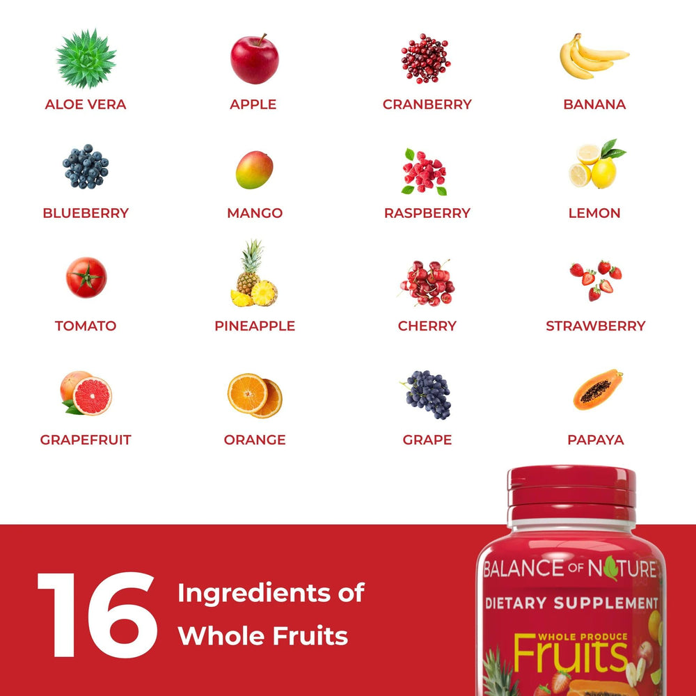 Balance of Nature fruits supplement label closeup confirms vegan, gluten-free offering.