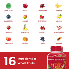 Balance of Nature fruits supplement label closeup confirms vegan, gluten-free offering.