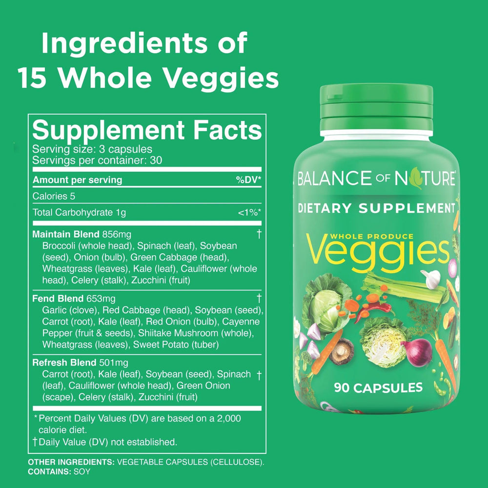 Balance of Nature Veggies ingredients list featuring broccoli and carrots.