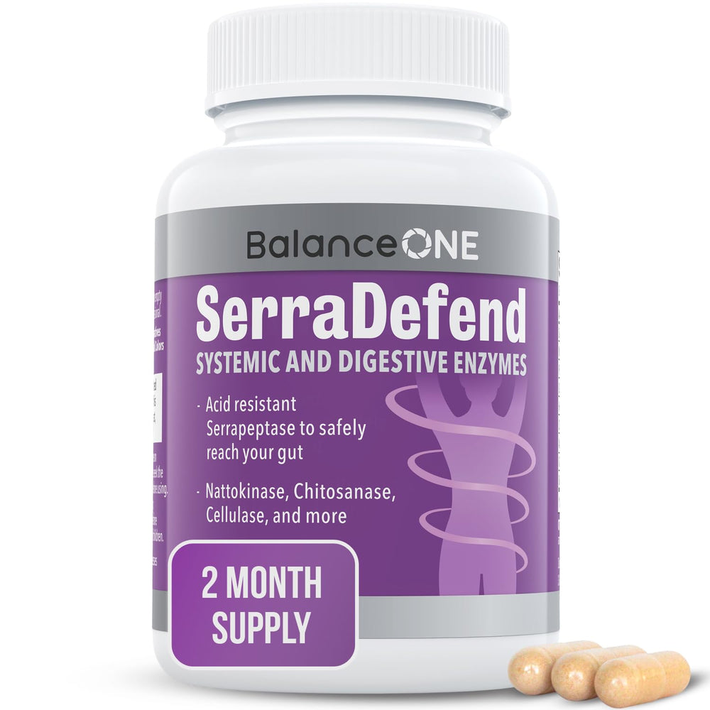 Balance ONE SerraDefend bottle front shows biofilm disruptor concept for digestive comfort