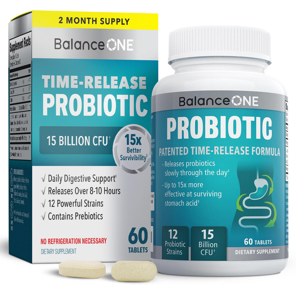 Balance ONE time-release probiotic bottle front promotes daily gut support.