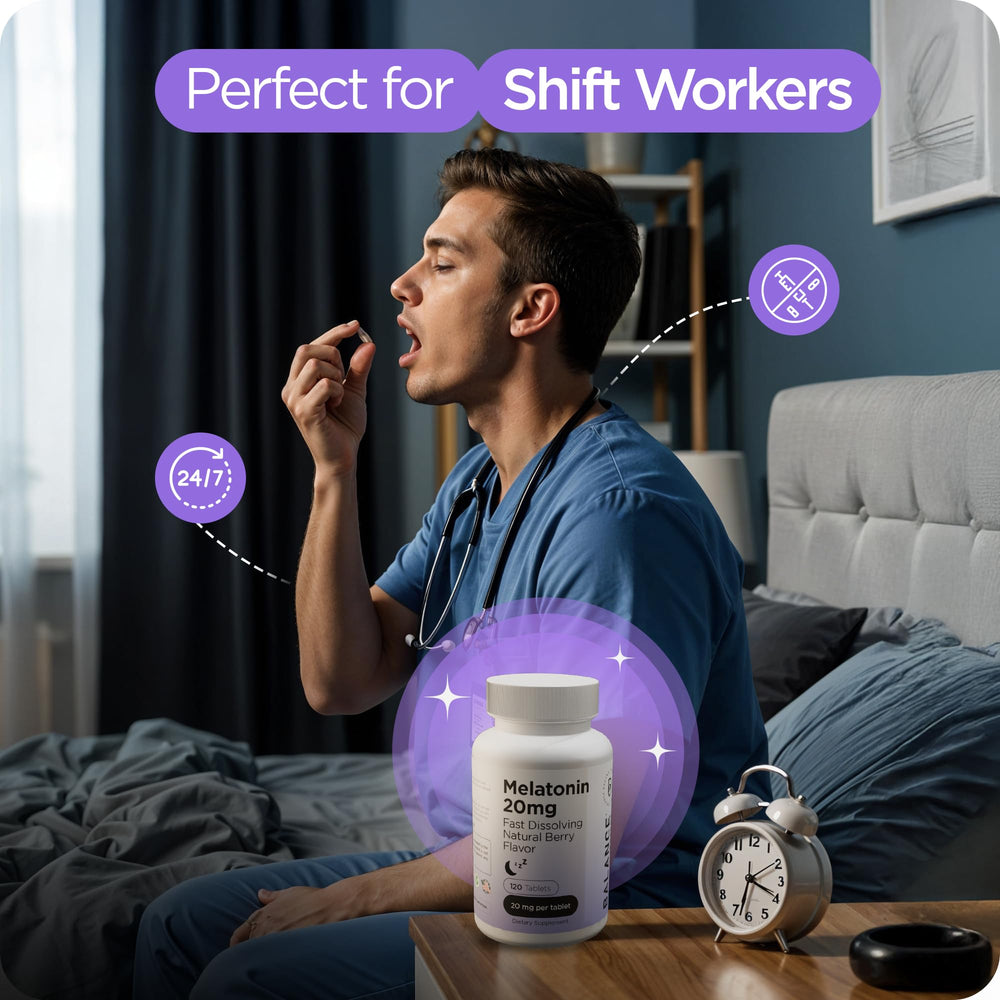 Balancebreens Melatonin 20mg on nightstand promotes a calm bedtime routine.