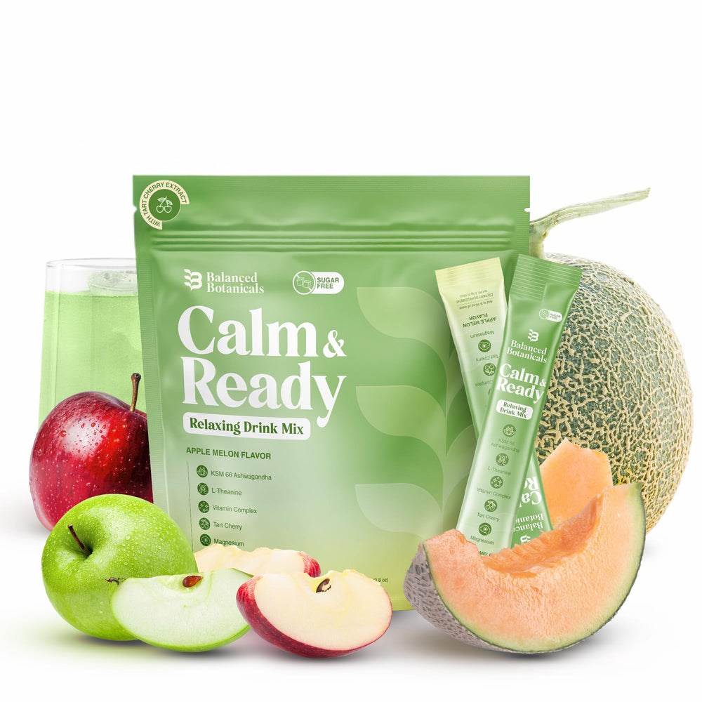 Balanced Botanicals Calm and Ready Apple Melon front label image for a refreshing relaxation routine.
