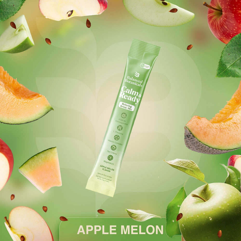 Balanced Botanicals Calm and Ready powder being stirred in water for easy daily calm.