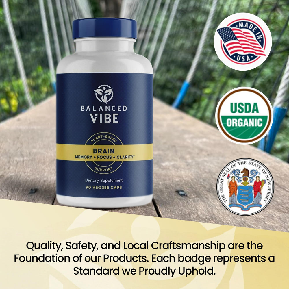 Balanced Vibe capsules with botanical imagery signaling mental stamina.