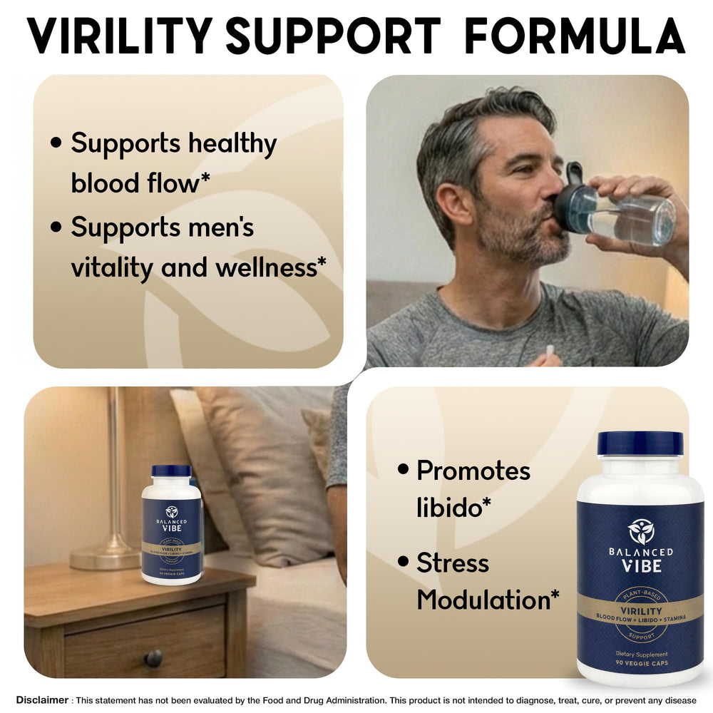 Balanced Vibe Men's Vitality capsules close-up showing smooth surface for daily support.