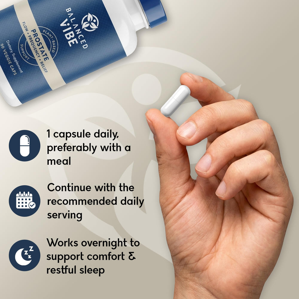 Balanced Vibe Saw Palmetto bottle on shelf targets men seeking daily energy and bladder comfort.