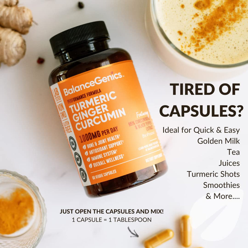 BalanceGenics 4-in-1 turmeric complex with turmeric, ginger, curcumin, pepper.