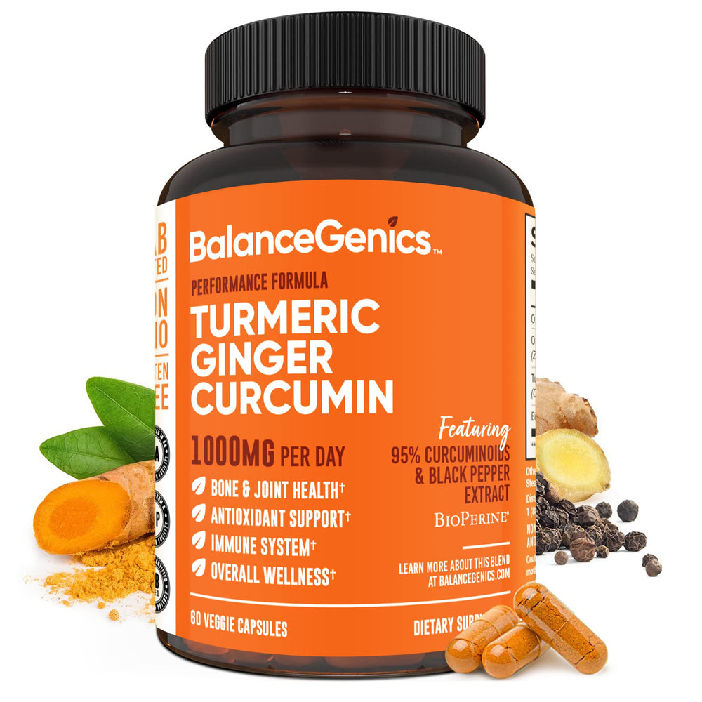 BalanceGenics Turmeric Curcumin bottle front highlighting daily joint support options.