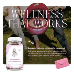 Balancing Act Balanced Babe gummies close-up highlighting chewy texture for daily support.