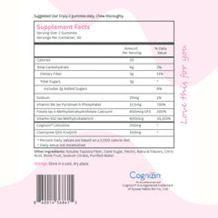 Close-up of the bottle showing gummies and label details for daily focus.