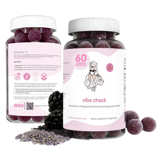 Balancing Act Vibe Check blackberry lavender gummies bottle promotes a calm evening routine