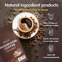 Balincer Mushroom Coffee ingredients image highlighting six adaptogenic varieties