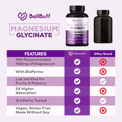 BallBuff bottle highlighting GMP-certified production and pure magnesium glycinate.