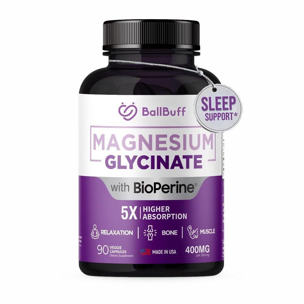 BallBuff Pure Magnesium Glycinate 400mg bottle highlighting high-absorption capsules for daily wellness.