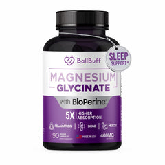 BallBuff Pure Magnesium Glycinate 400mg bottle highlighting high-absorption capsules for daily wellness.