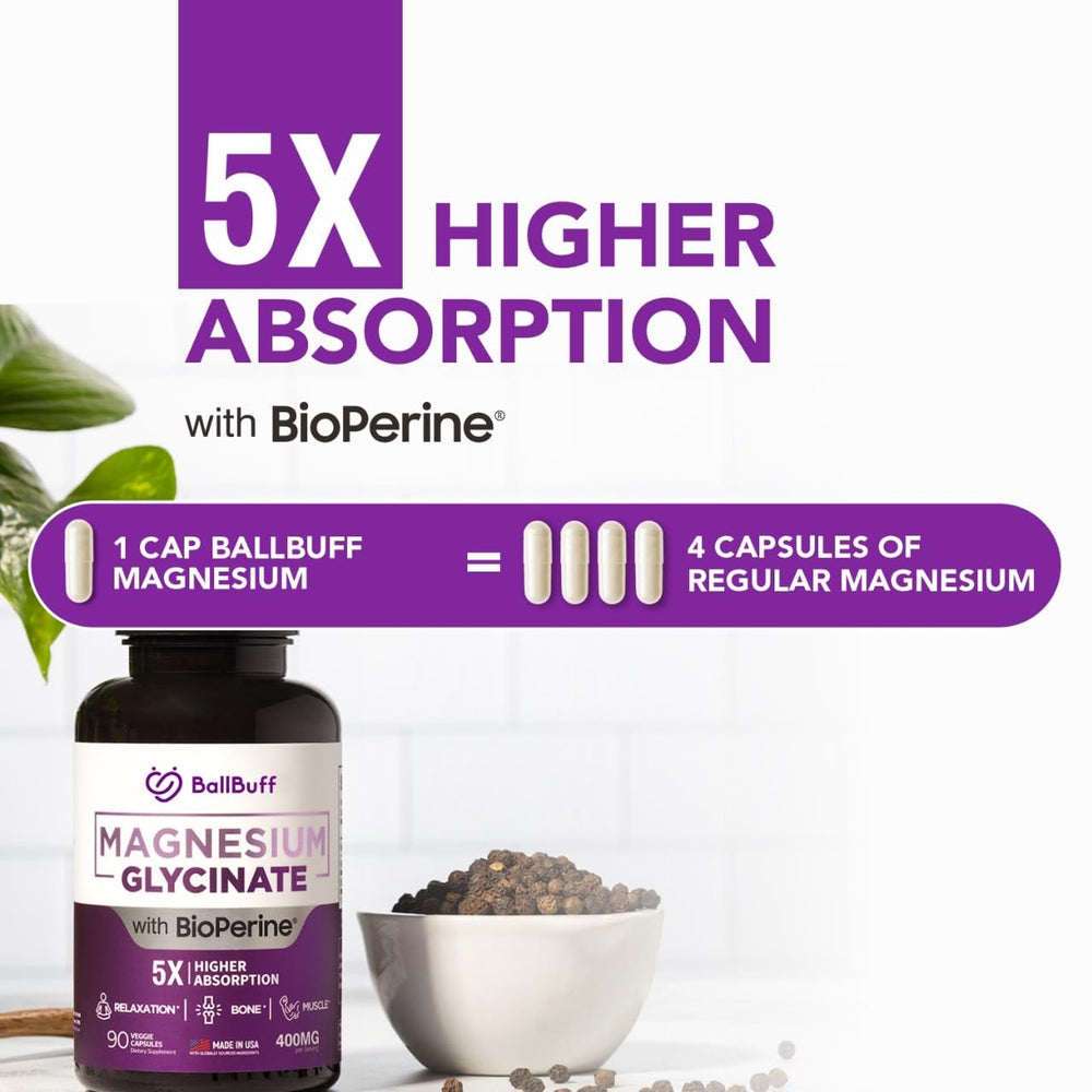 BallBuff magnesium glycinate capsules close-up emphasizing gentle digestion.