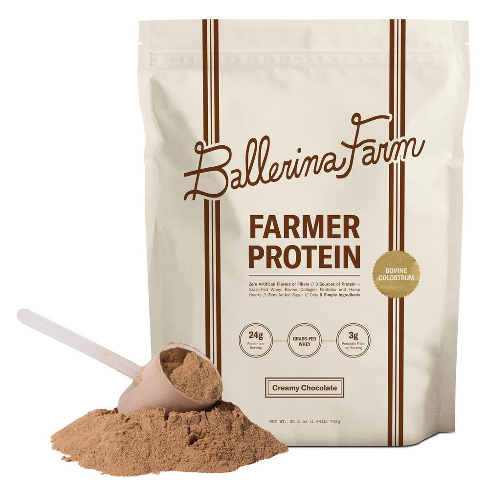 Ballerina Farm creamy chocolate whey protein powder tub for shakes.