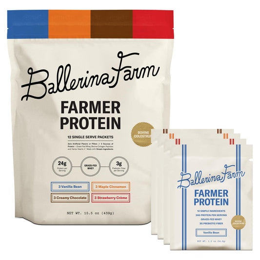 Ballerina Farm grass-fed whey powder front label; high-protein workout boost