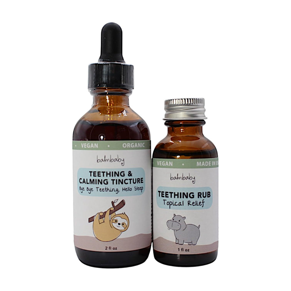 Balm Baby Teething Rescue Kit tincture bottle shows calming herbs for baby's gums