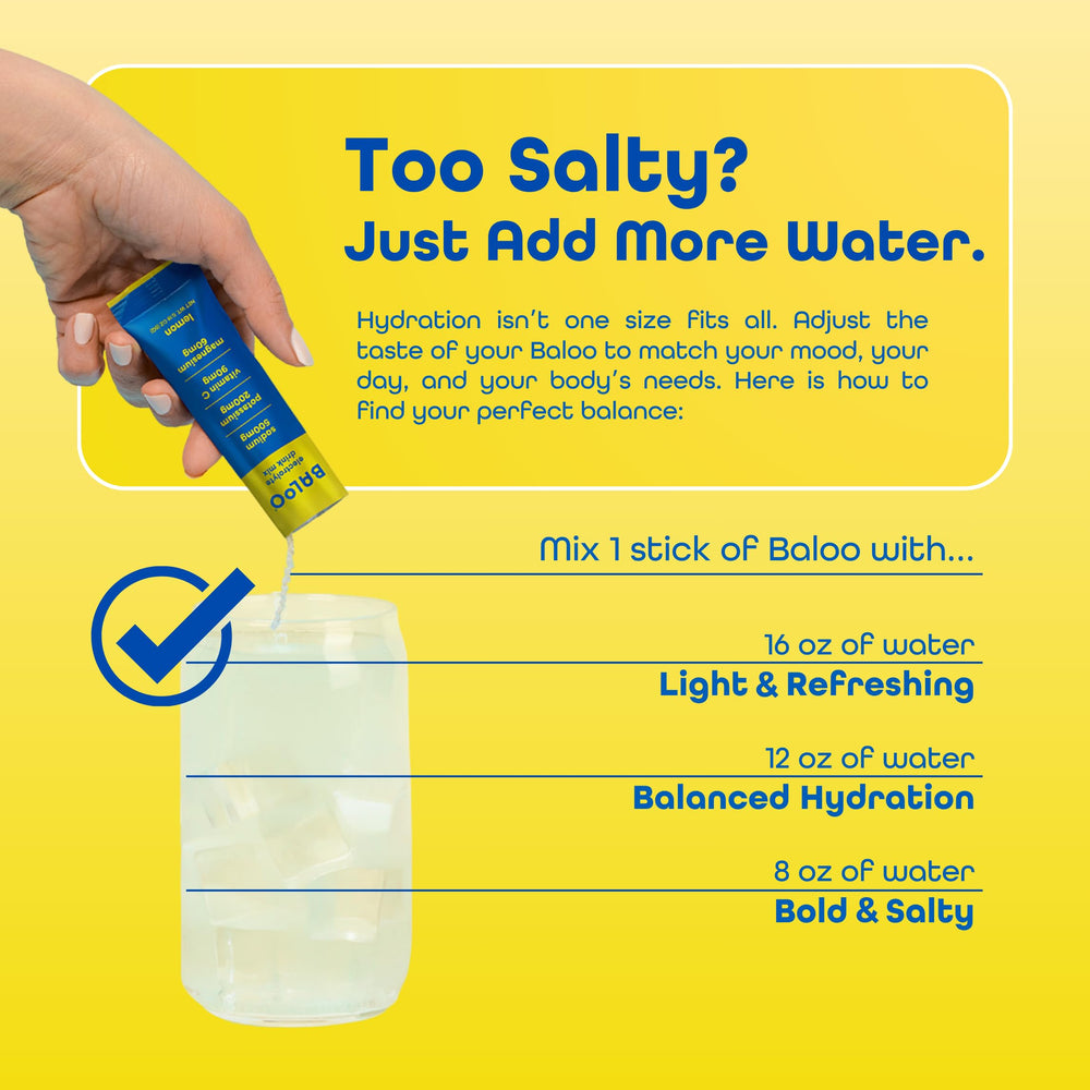 On-the-go Baloo electrolytes lemon pack for travel or gym hydration.