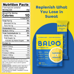Baloo electrolytes lemon packet pouring into water for quick refreshment.