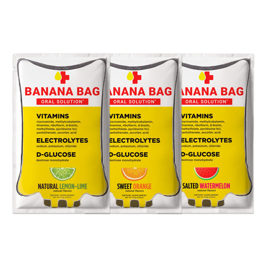 Banana Bag Oral Solution lemon-lime packet for on-the-go hydration.
