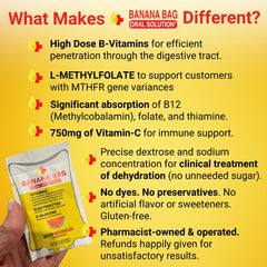 Banana Bag travel-ready packets displayed in a bag for on-the-go use.