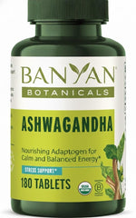 Banyan Botanicals Ashwagandha tablets packaging on display for stress support.