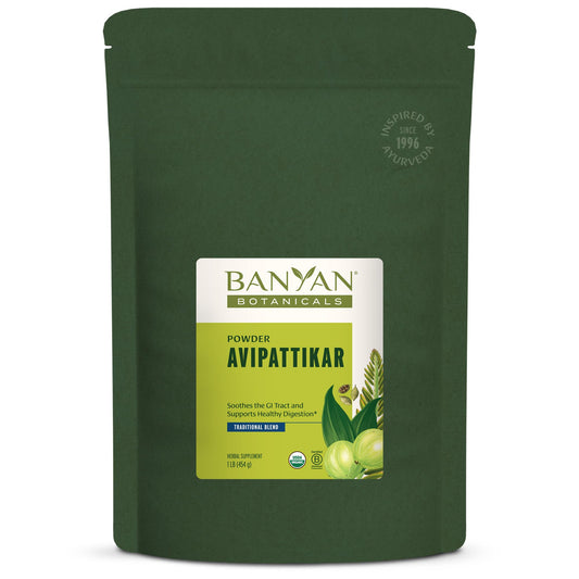 Banyan Botanicals Avipattikar powder bottle for balanced digestion after meals.