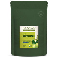 Banyan Botanicals Avipattikar powder bottle for balanced digestion after meals.