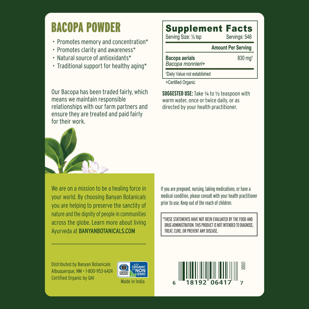 Organic Bacopa Powder jar by Banyan Botanicals on kitchen counter
