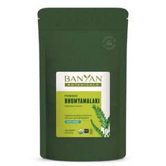 Banyan Botanicals Bhumyamalaki powder in a jar for daily cleansing routines.