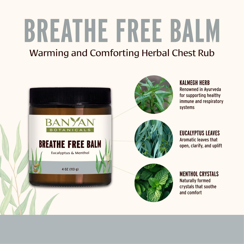 Banyan Botanicals Breathe Free Balm with eucalyptus crystals for refreshing inhalation.