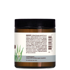 USDA organic and fair trade label on Banyan Botanicals Breathe Free Balm container.