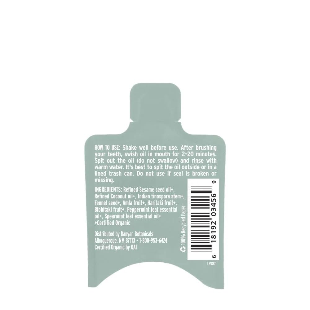 Banyan Botanicals ingredients label lists amla, haritaki, bibhitaki and essential oils.