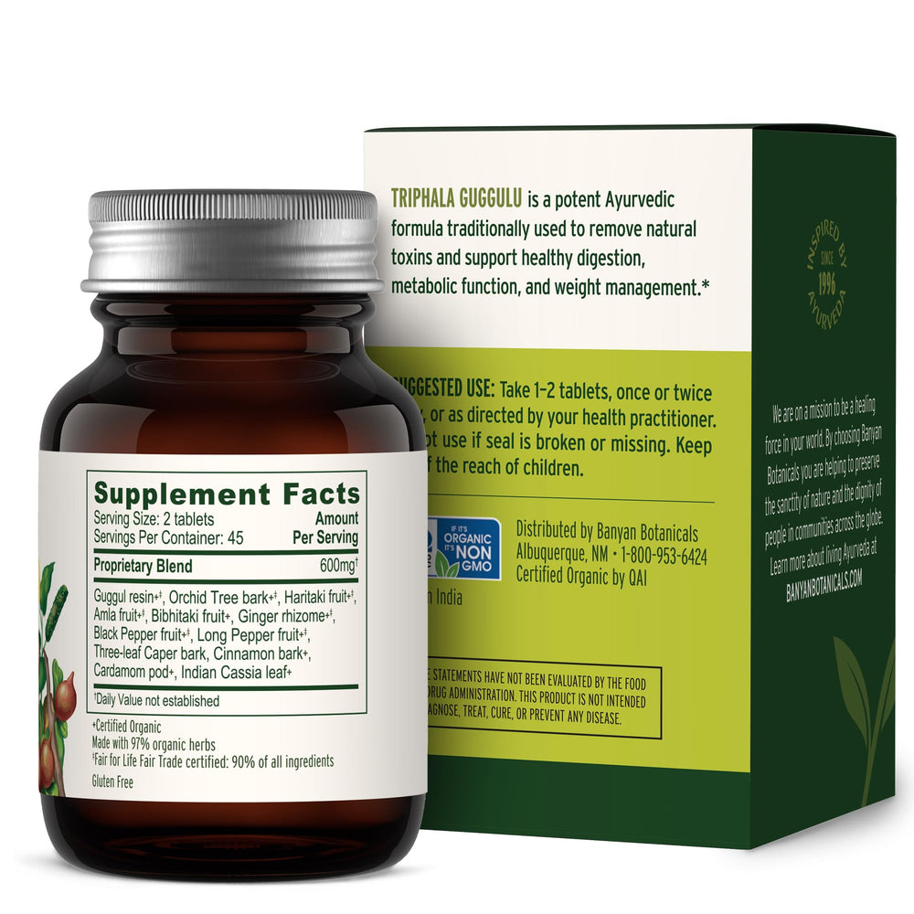 Banyan Botanicals use guide card illustrating a guided detox option with Triphala Guggulu.