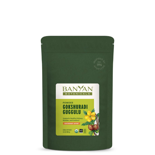 Banyan Botanicals Gokshuradi Guggulu powder bottle with organic ingredients for urinary support.