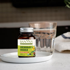 Gokshuradi Guggulu label close-up underscores Fair For Life sourcing and quality.