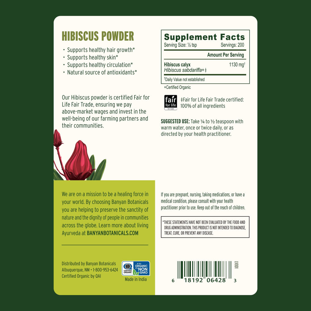 USDA Organic and fair-trade Banyan Botanicals Hibiscus Powder verified for quality.