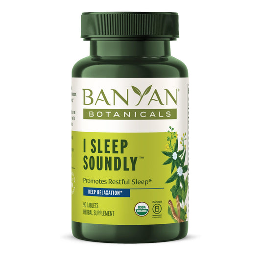 Banyan Botanicals I Sleep Soundly bottle promotes calm nighttime routine.