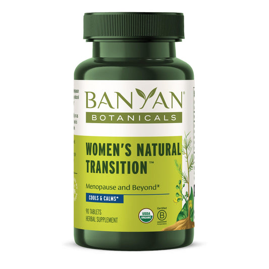 Banyan Botanicals Natural Transition bottle pour showing cooling relief for hot flashes.