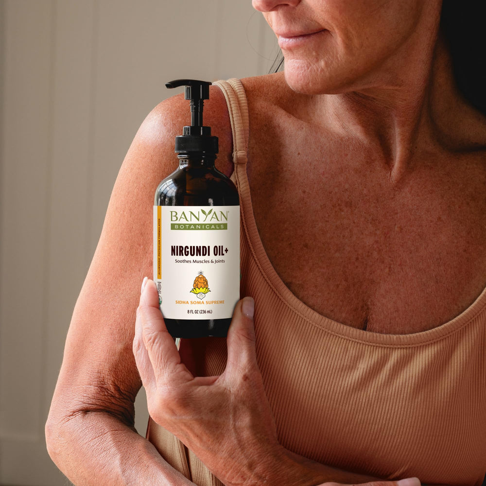 Ingredients include valerian root and vitex fruit in the Nirgundi Oil+.